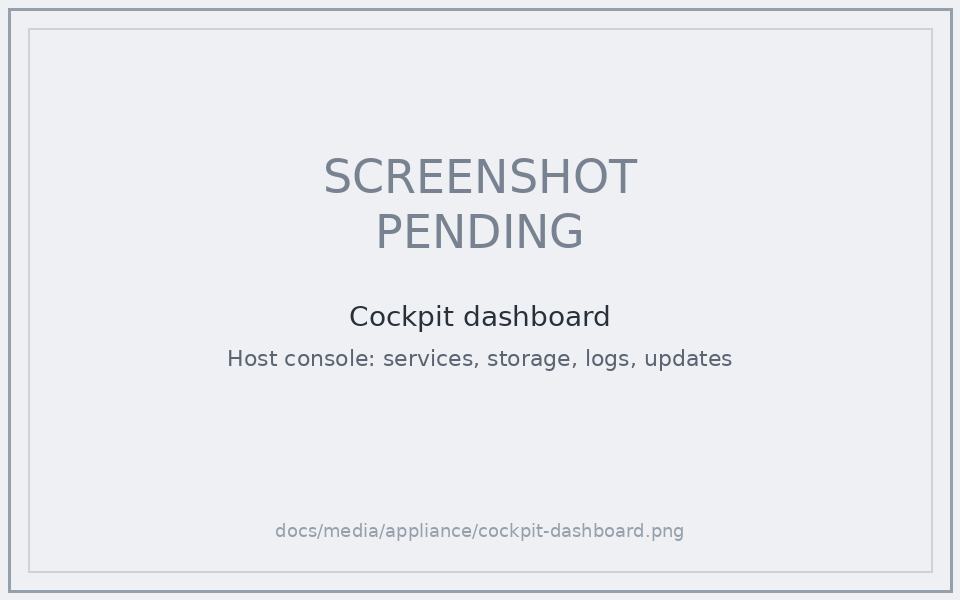 Cockpit dashboard — host services, storage, logs, updates