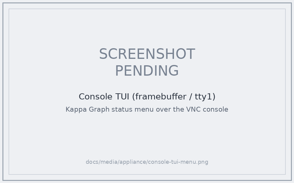 Console TUI — the Kappa Graph status menu on tty1 over the VNC framebuffer