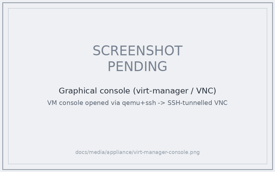 virt-manager graphical console connected to the appliance VM over qemu+ssh