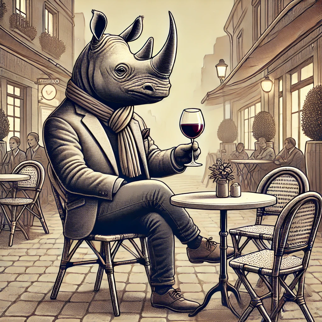 A whimsical rhino enjoying wine